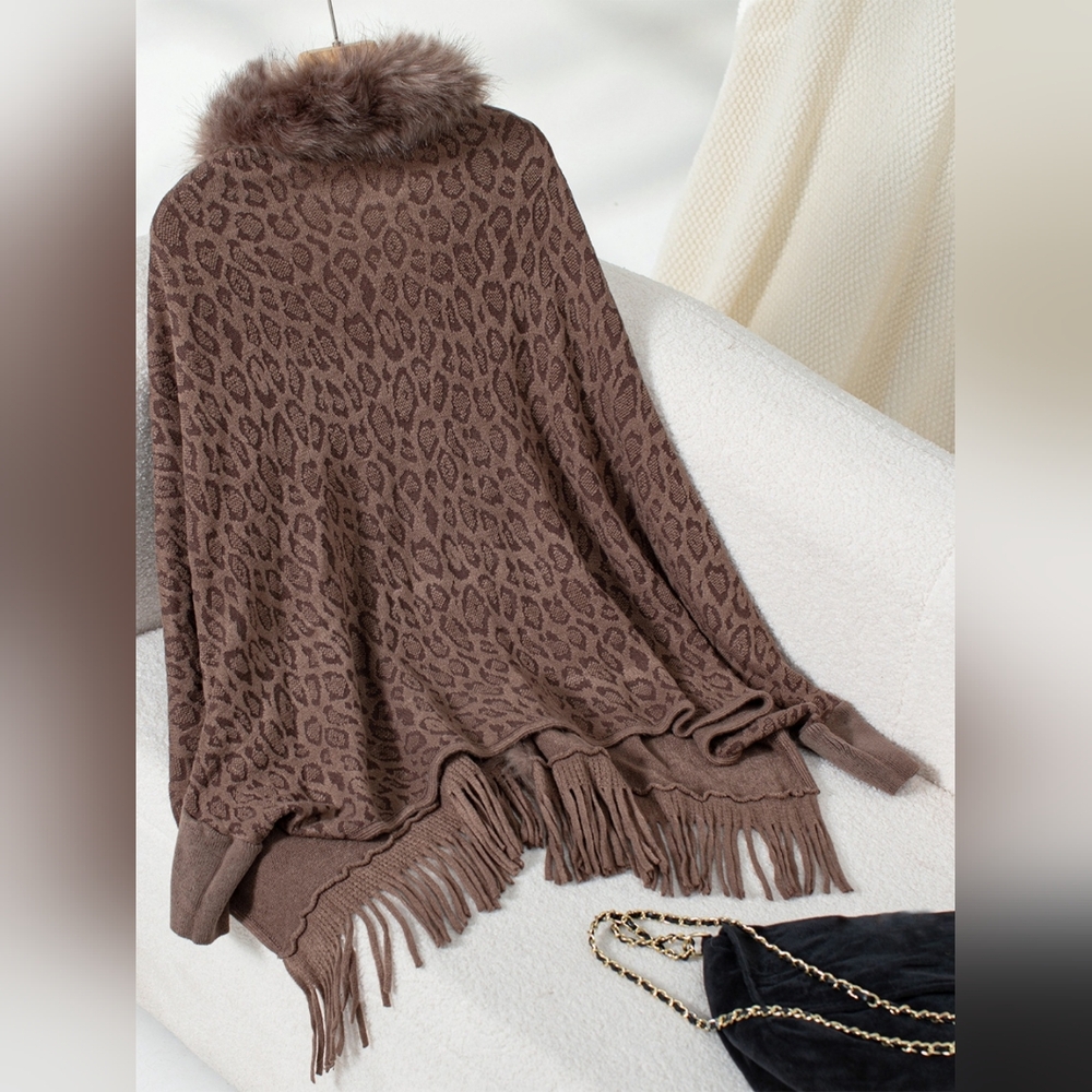 Plush Faux Fur Leopard Retro Fringe Boho Oversized Poncho Knit Cardigan Jacket - Picture 3 of 15